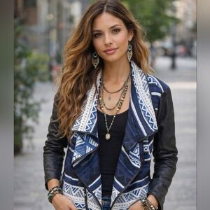 Jeans By Buffalo Aztec Print Open Front Jacket With Faux Leather Sleeves Size XL